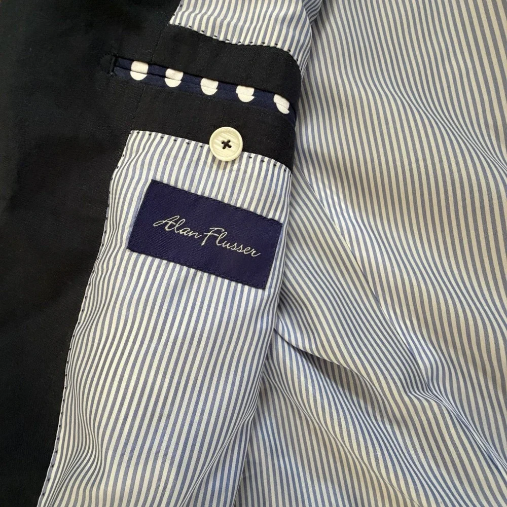 Alan Flusser Mens Navy Linen Blend Double Breasted Blazer Sport Coat 44R Classic